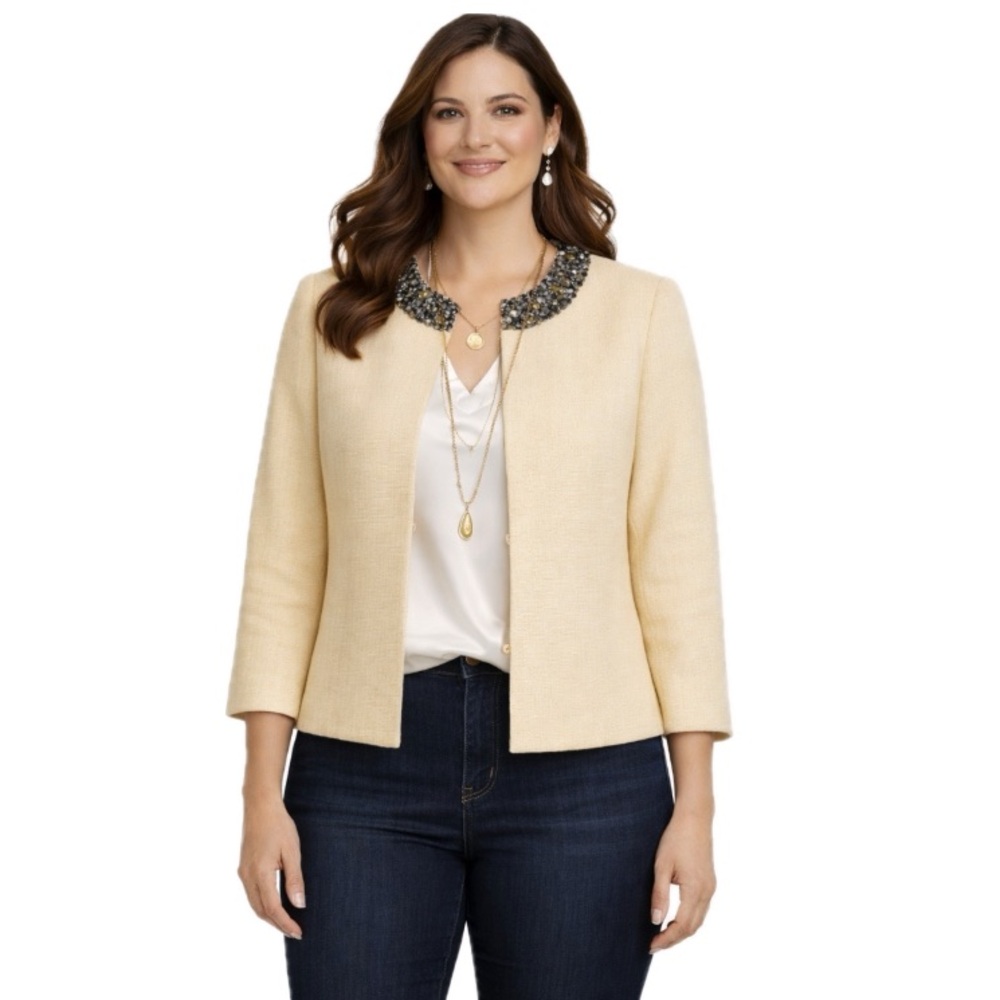 Talbots, Cream Women's Blazer with Embellished beaded Collar, Size 16w